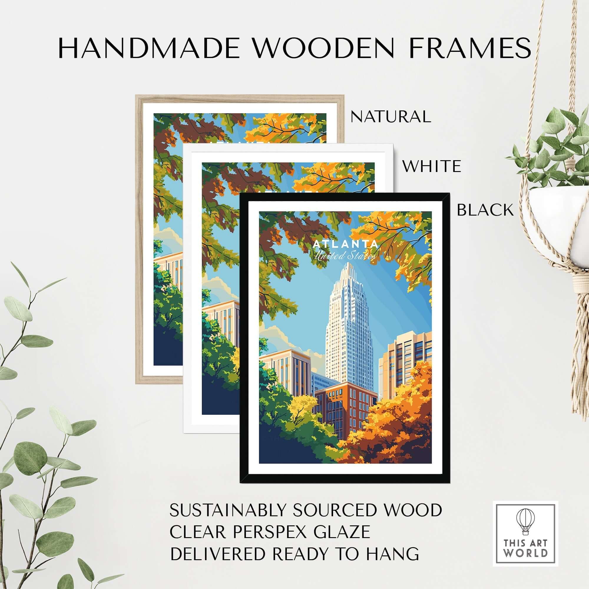 Atlanta Wall Art Poster displayed in natural, white, and black handmade wooden frames.
