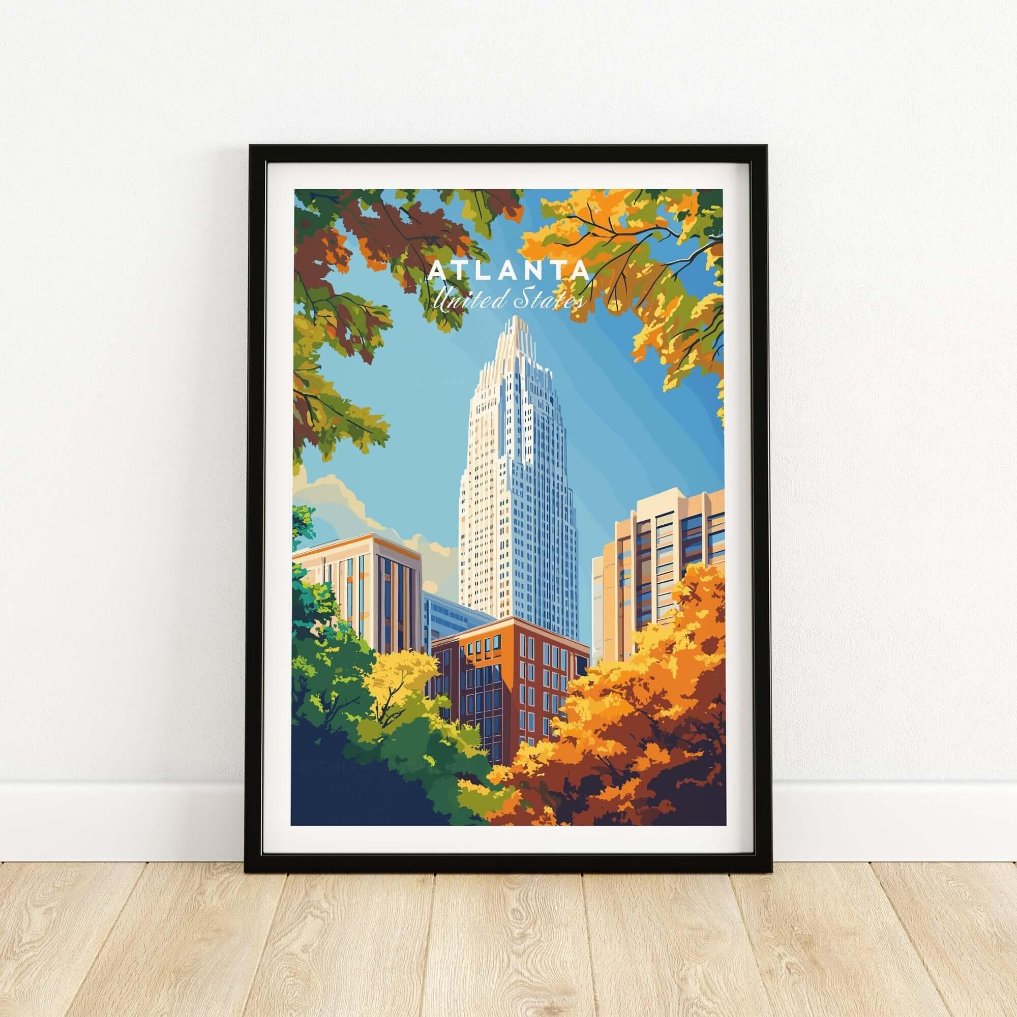 Atlanta Wall Art Poster featuring a scenic view of Atlanta's skyline and vibrant autumn foliage.