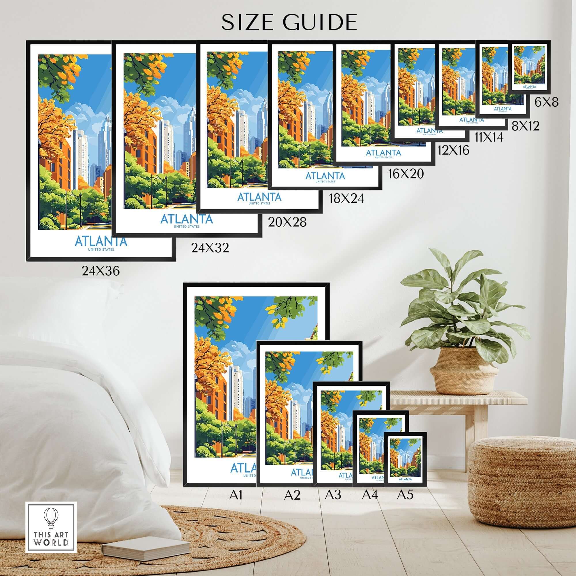 Size guide for Atlanta Wall Art Print showcasing various sizes and vibrant design options.