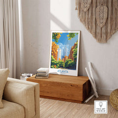 Atlanta Wall Art Print featuring vibrant cityscape with lush greenery and iconic buildings.