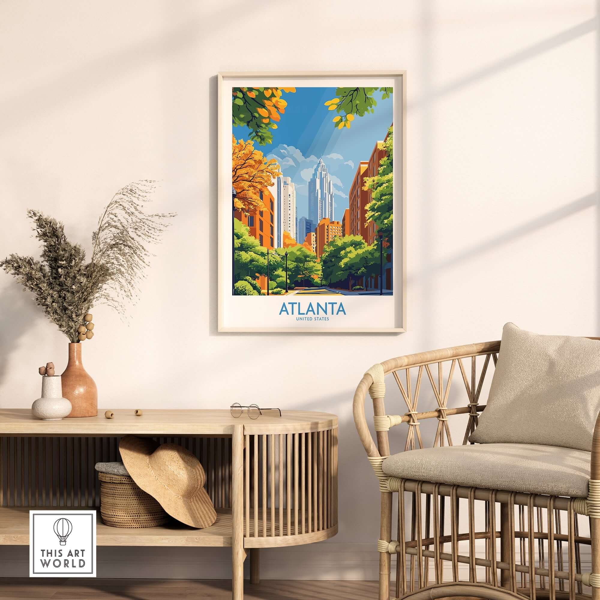 Atlanta Wall Art Print featuring vibrant cityscapes in a stylish home setting.