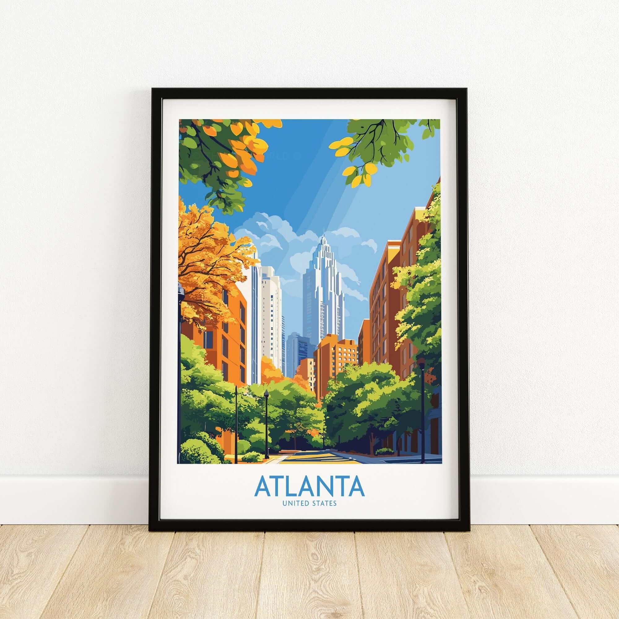 Atlanta Wall Art Print featuring vibrant cityscape with landmarks and trees in a modern design.