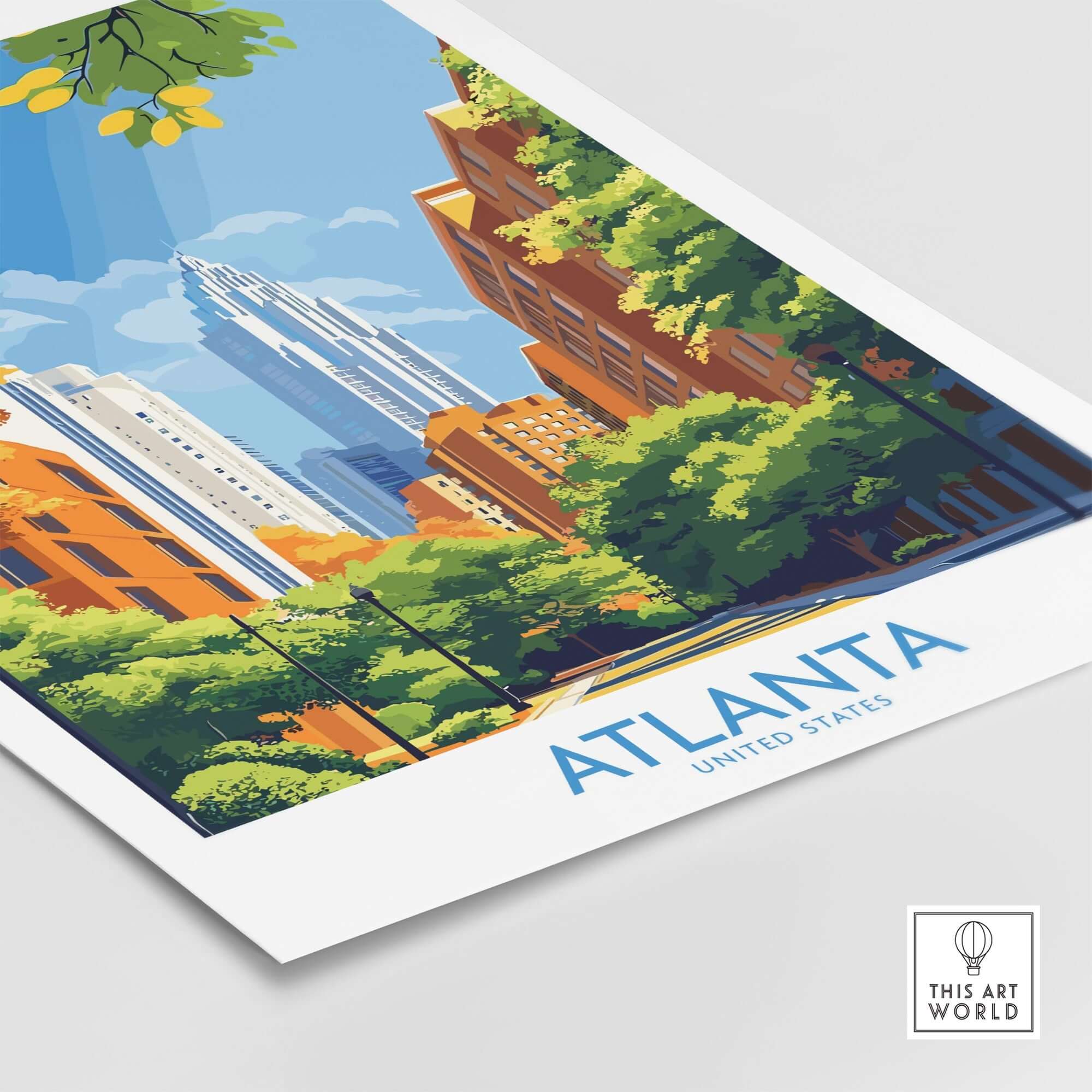 Atlanta Wall Art Print showcasing vibrant cityscape with iconic buildings and lush greenery.
