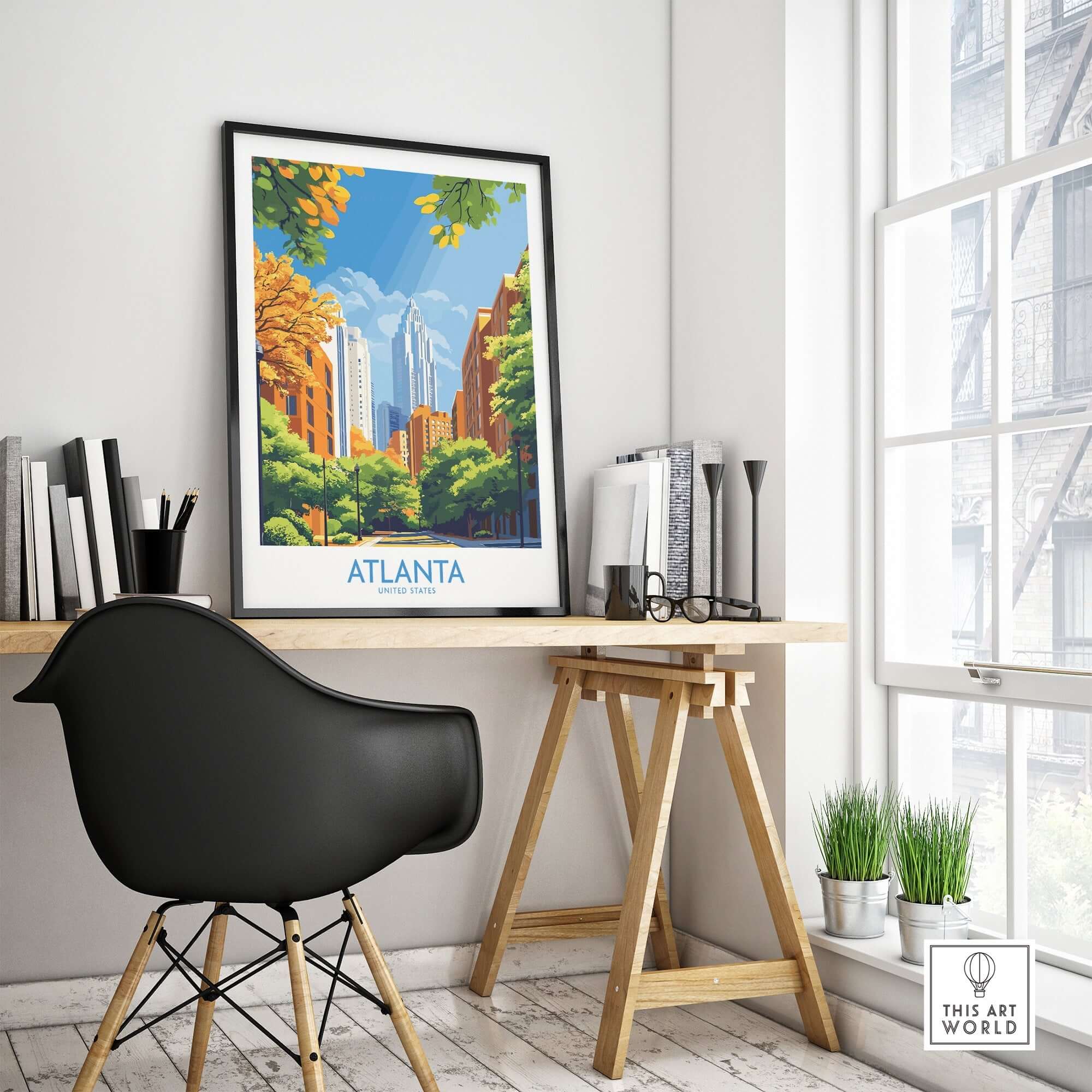 Atlanta Wall Art Print showcasing vibrant cityscape and urban charm in a modern office setting.