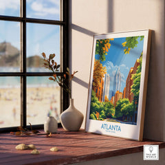 Atlanta Wall Art Print displayed on a wooden shelf near a window with a view of the beach.