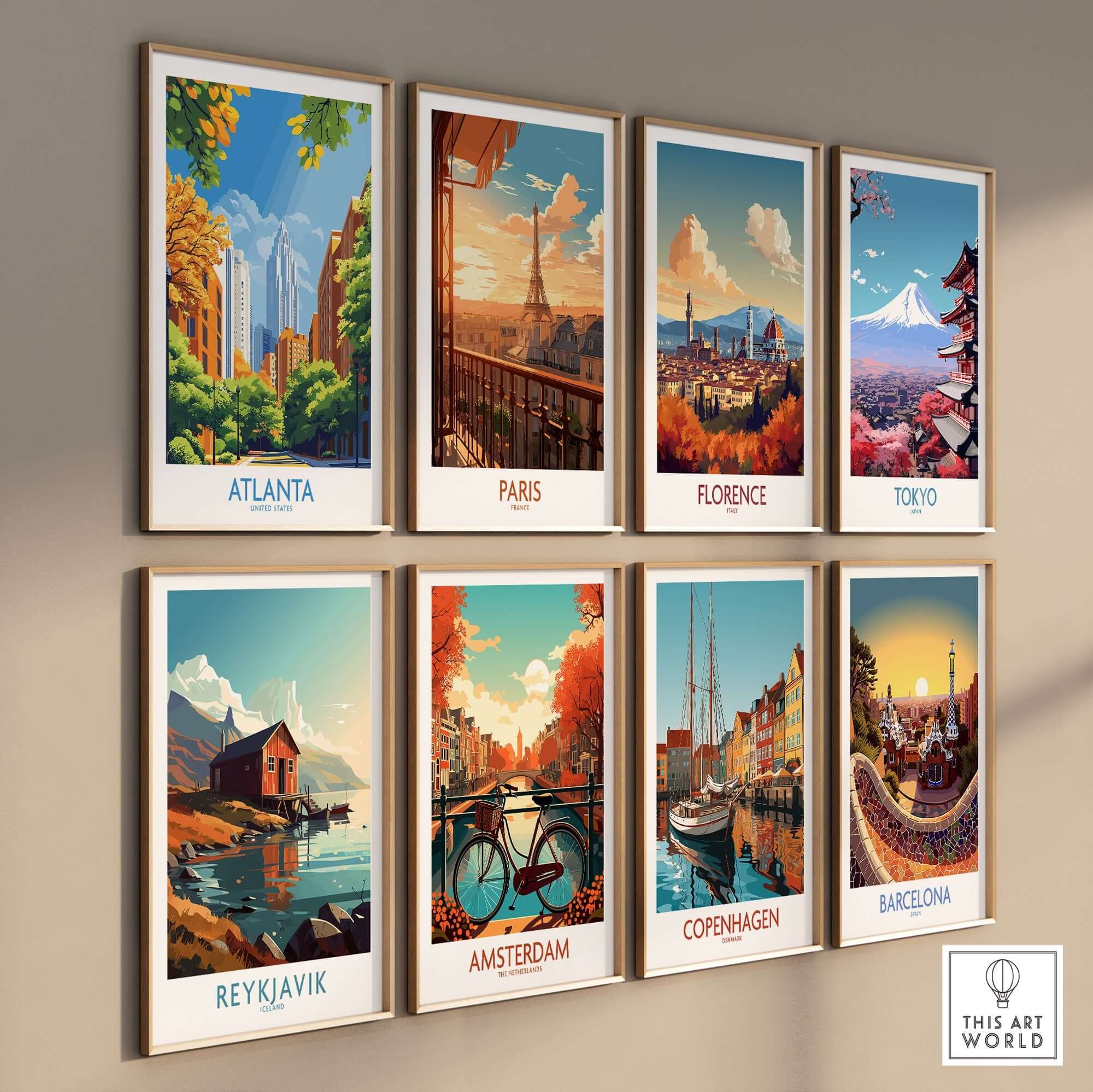 Atlanta Wall Art Print featuring vibrant designs of iconic landmarks in a gallery wall display.