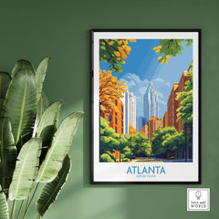 Atlanta Wall Art Print depicting vibrant city scenery with skyscrapers and autumn foliage.