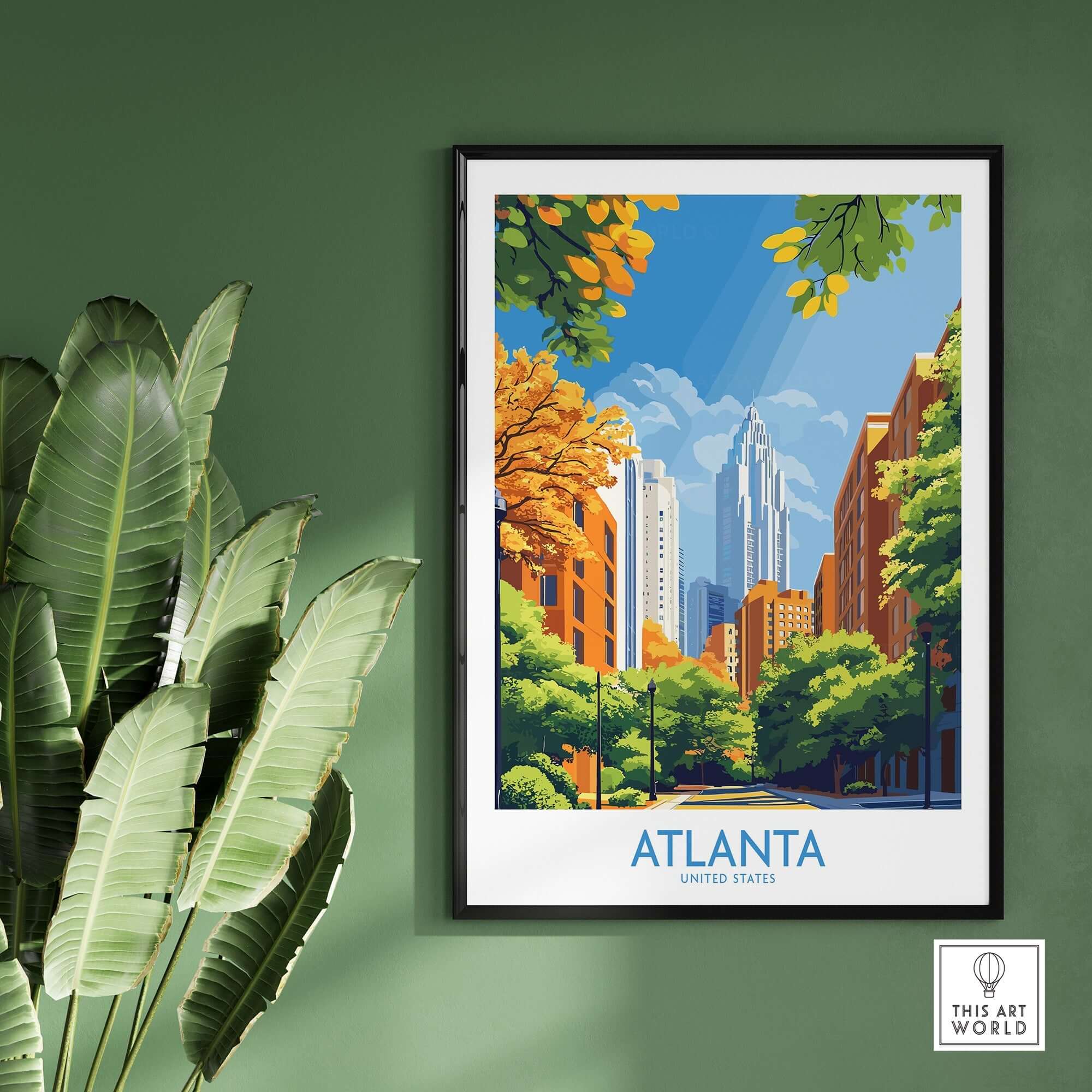 Atlanta Wall Art Print depicting vibrant city scenery with skyscrapers and autumn foliage.