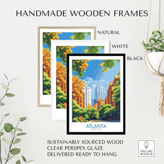 Atlanta Wall Art Print showcased in natural, white, and black handmade wooden frames.