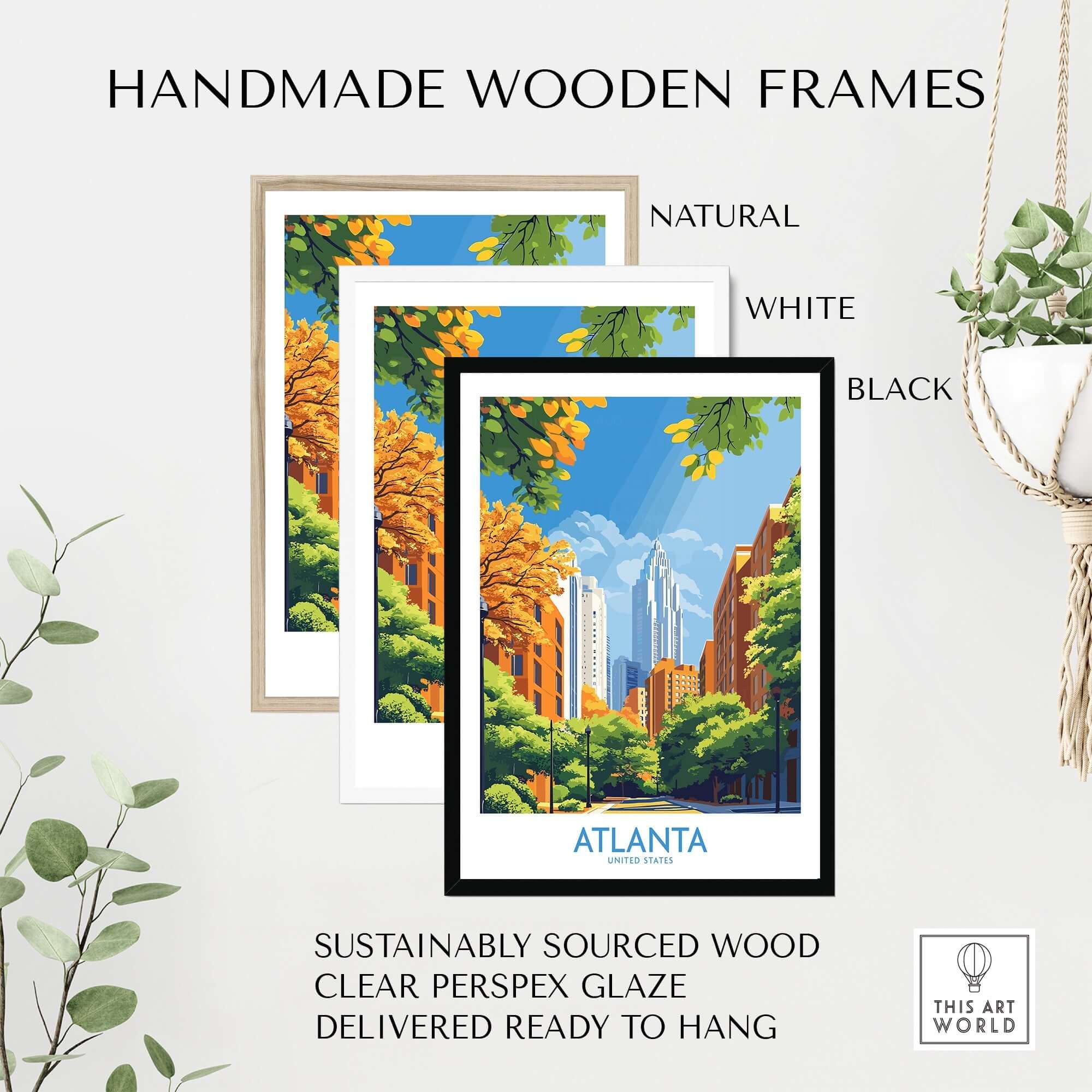 Atlanta Wall Art Print showcased in natural, white, and black handmade wooden frames.