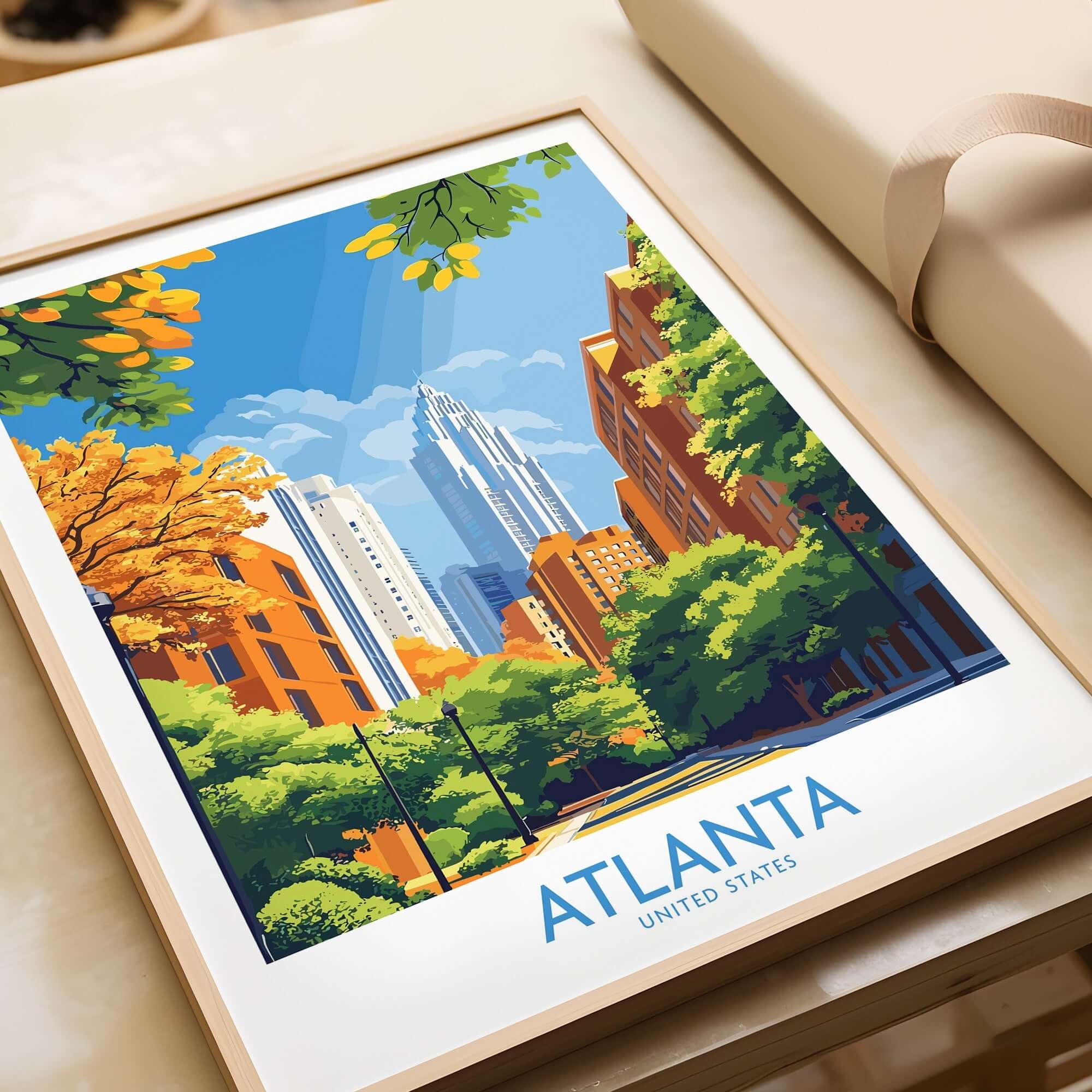 Atlanta Wall Art Print featuring vibrant cityscape and iconic landmarks of Atlanta, framed and ready for display.