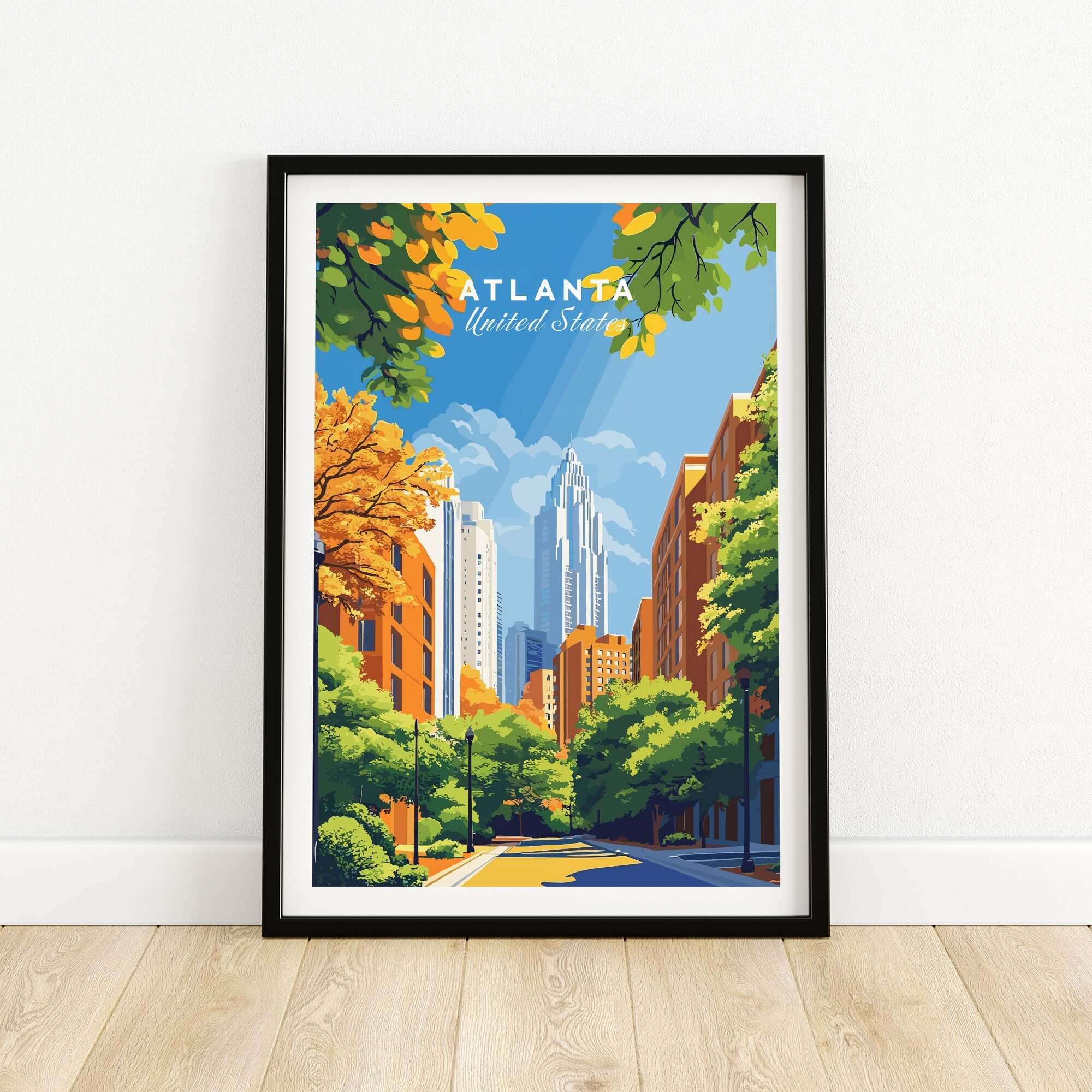 Atlanta Wall Art showcasing a vibrant cityscape with greenery and skyscrapers, perfect for urban decor.