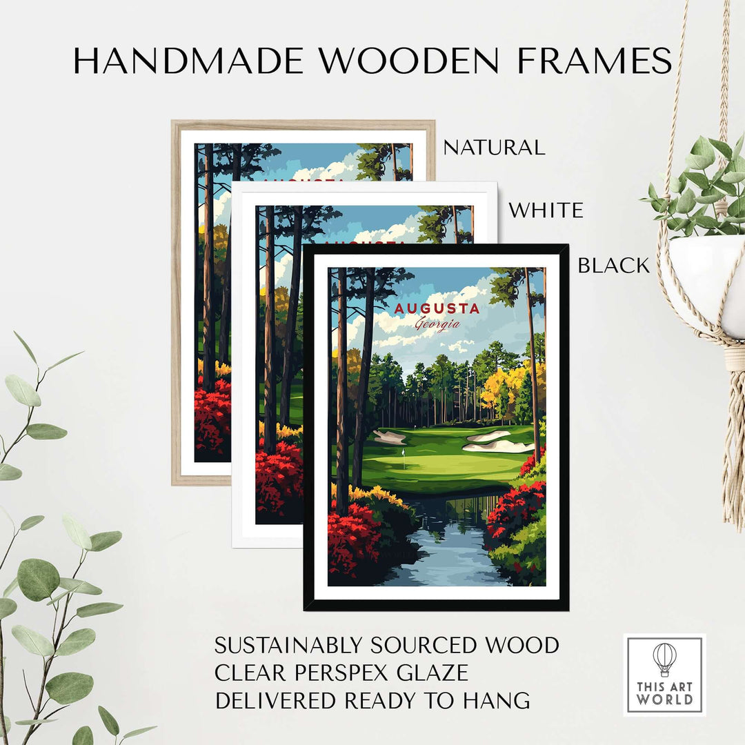 Handmade wooden frames in natural, white, and black for Augusta Georgia golf course art print, ready to hang.