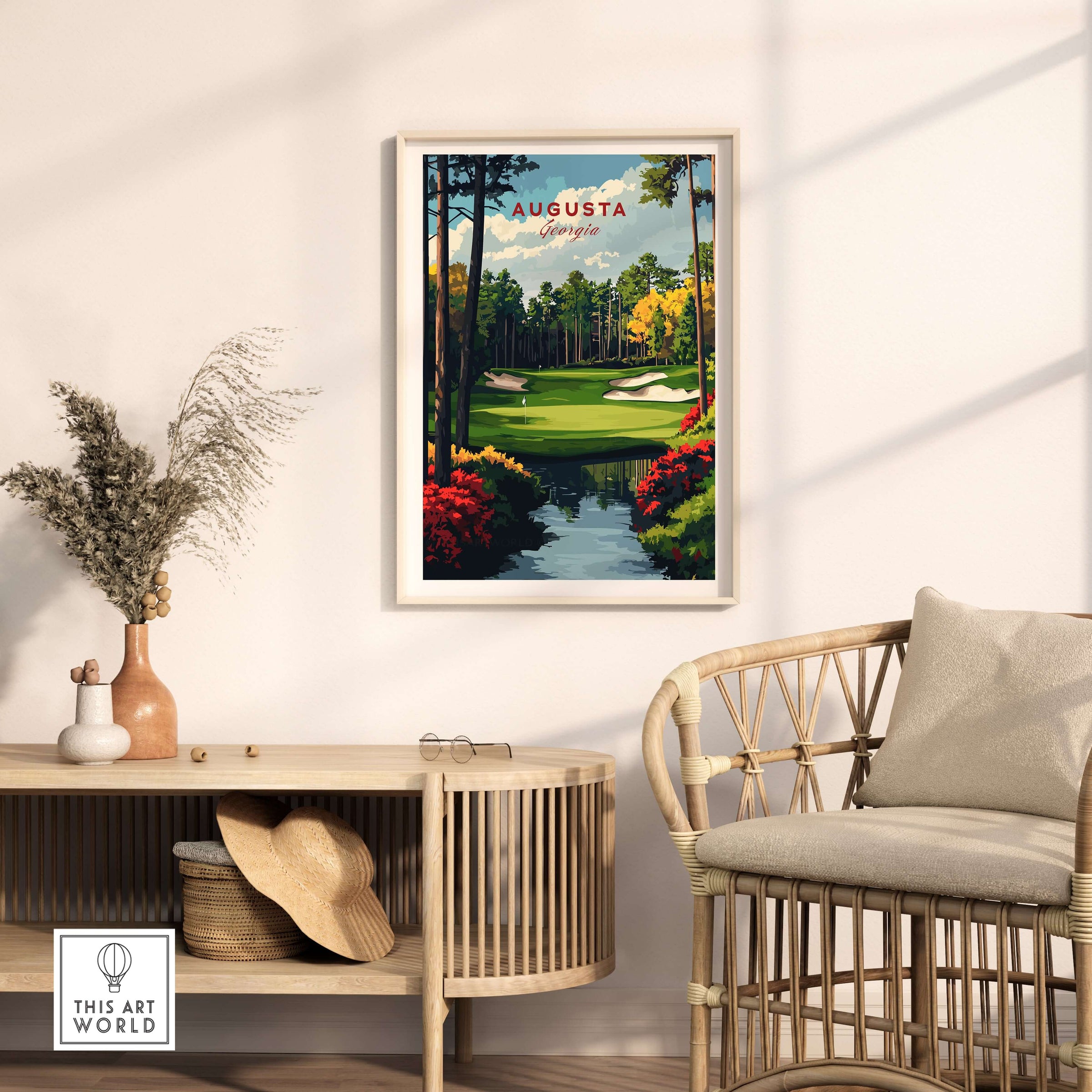 Augusta Georgia Golf Course Art Print - Iconic Golf Links Wall Decor displayed in a stylish living room setting.