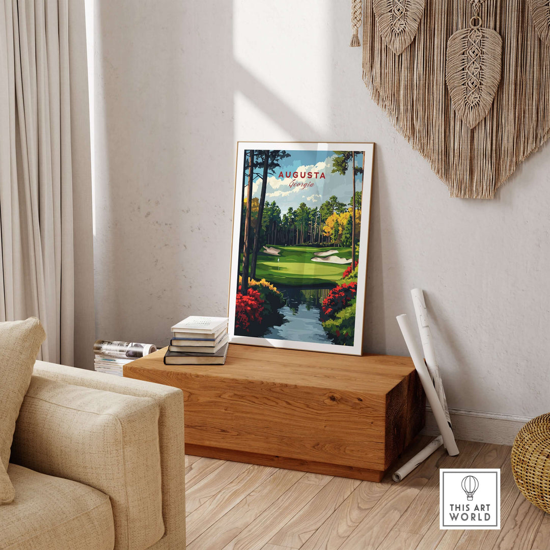 Augusta Georgia golf course art print displayed in a stylish living room, perfect wall decor for golf fans.