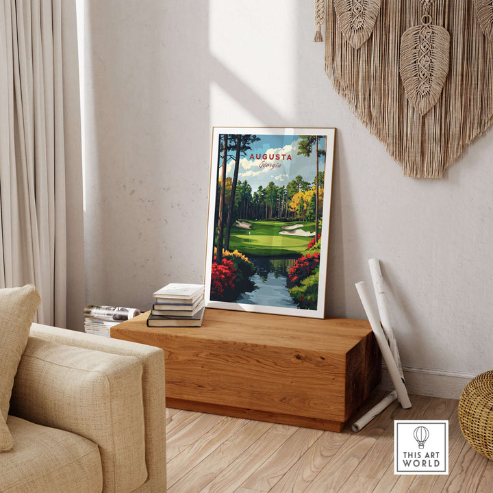 Augusta Georgia golf course art print displayed in a stylish living room, perfect wall decor for golf fans.