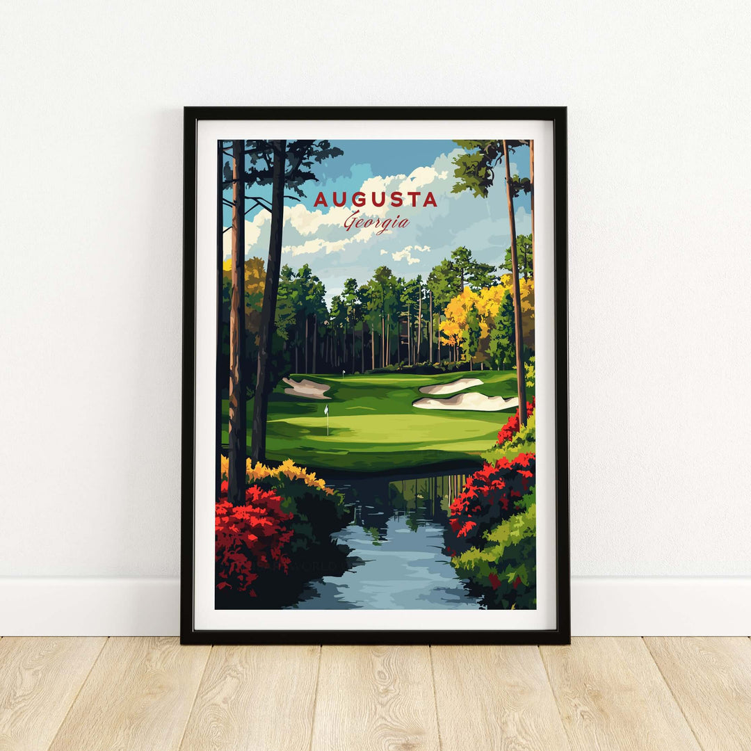 Augusta Georgia Golf Course Art Print showcasing fairways, greens, and vibrant flora, framed wall decor for golf enthusiasts.