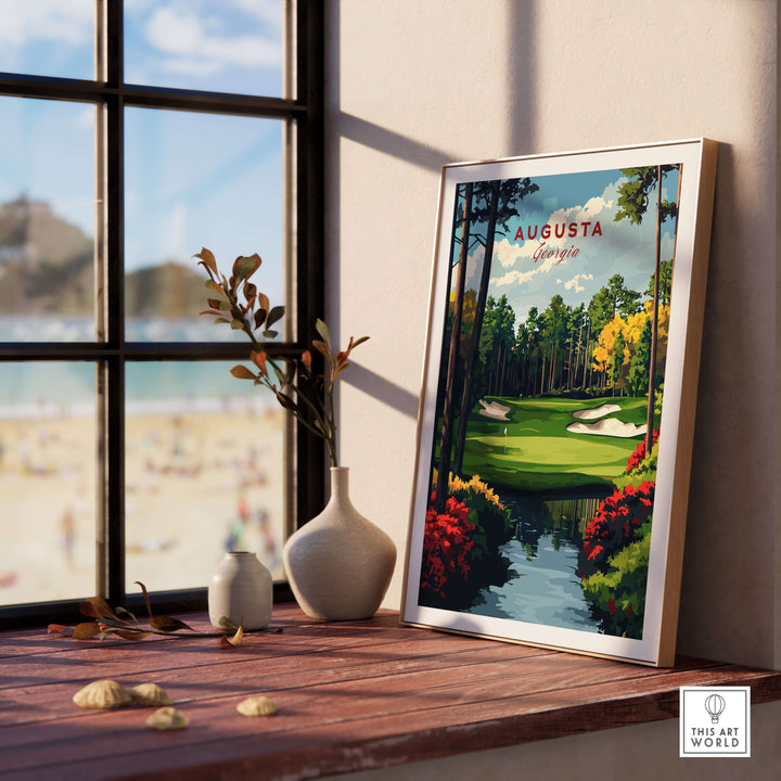 Augusta Georgia Golf Course art print displayed in a sunny room, showcasing iconic fairways and natural beauty.