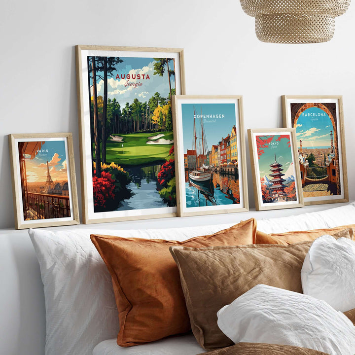 Gallery of framed travel art prints including Augusta Georgia Golf Course and cityscapes.