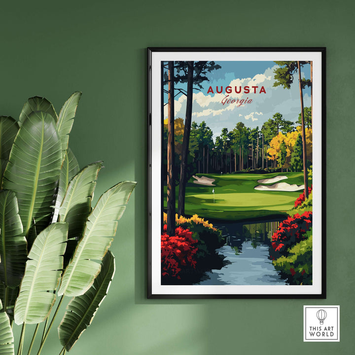 Augusta Georgia Golf Course art print featuring lush greens and vibrant flowers, perfect for golf lovers' wall decor.