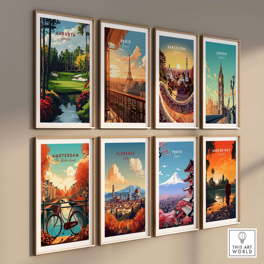 Gallery of iconic city art prints including Augusta, Paris, Barcelona, London, Amsterdam, Florence, Tokyo, and Angkor Wat.