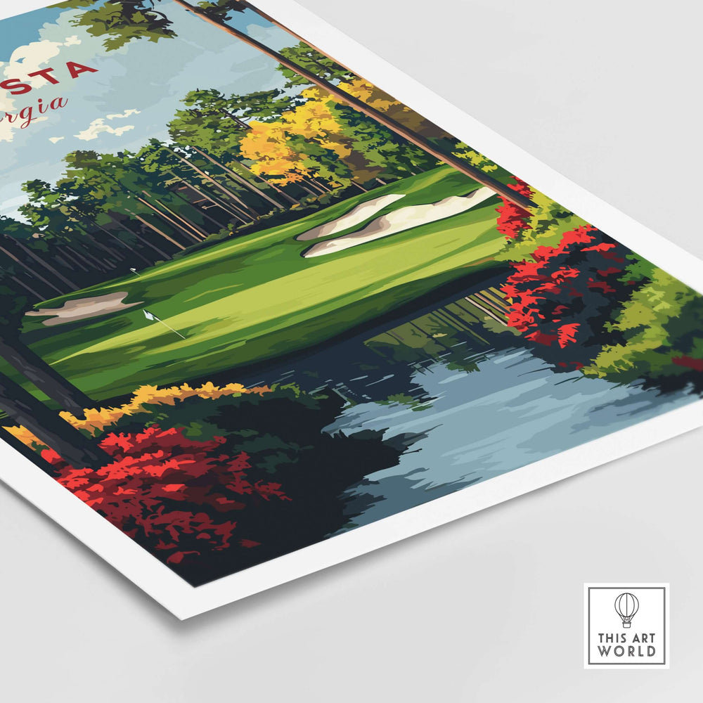 Augusta Georgia golf course art print featuring lush fairways and vibrant autumn foliage, perfect golf-themed wall decor.