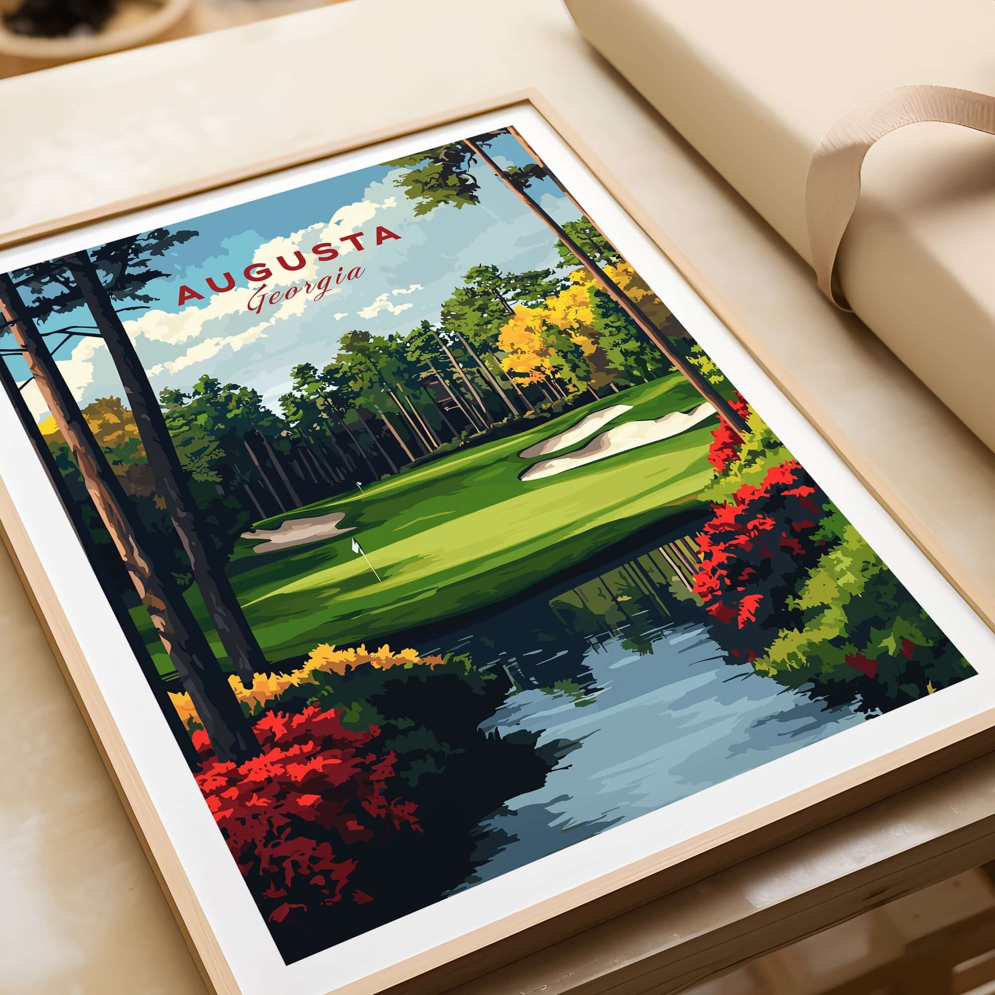 Augusta Georgia Golf Course Art Print - Iconic Golf Links Wall Decor featuring vibrant greens and flowers.
