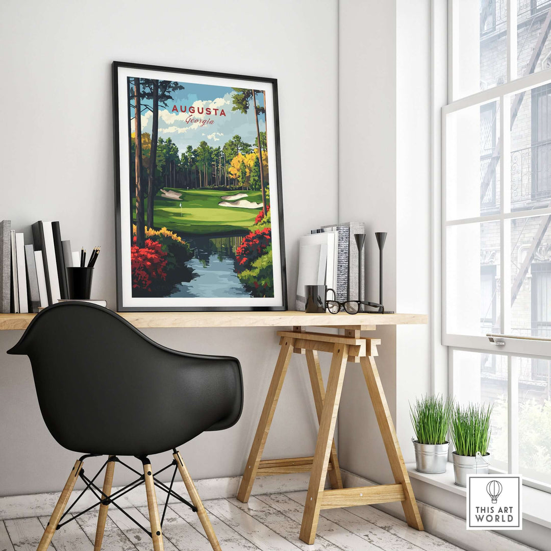 Augusta Georgia golf course art print in a stylish room decor setting with a black chair and natural light.