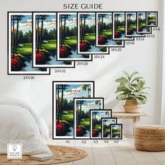Augusta Georgia Golf Course Art Print - Iconic Golf Links Wall Decor size guide showcasing various frame sizes.