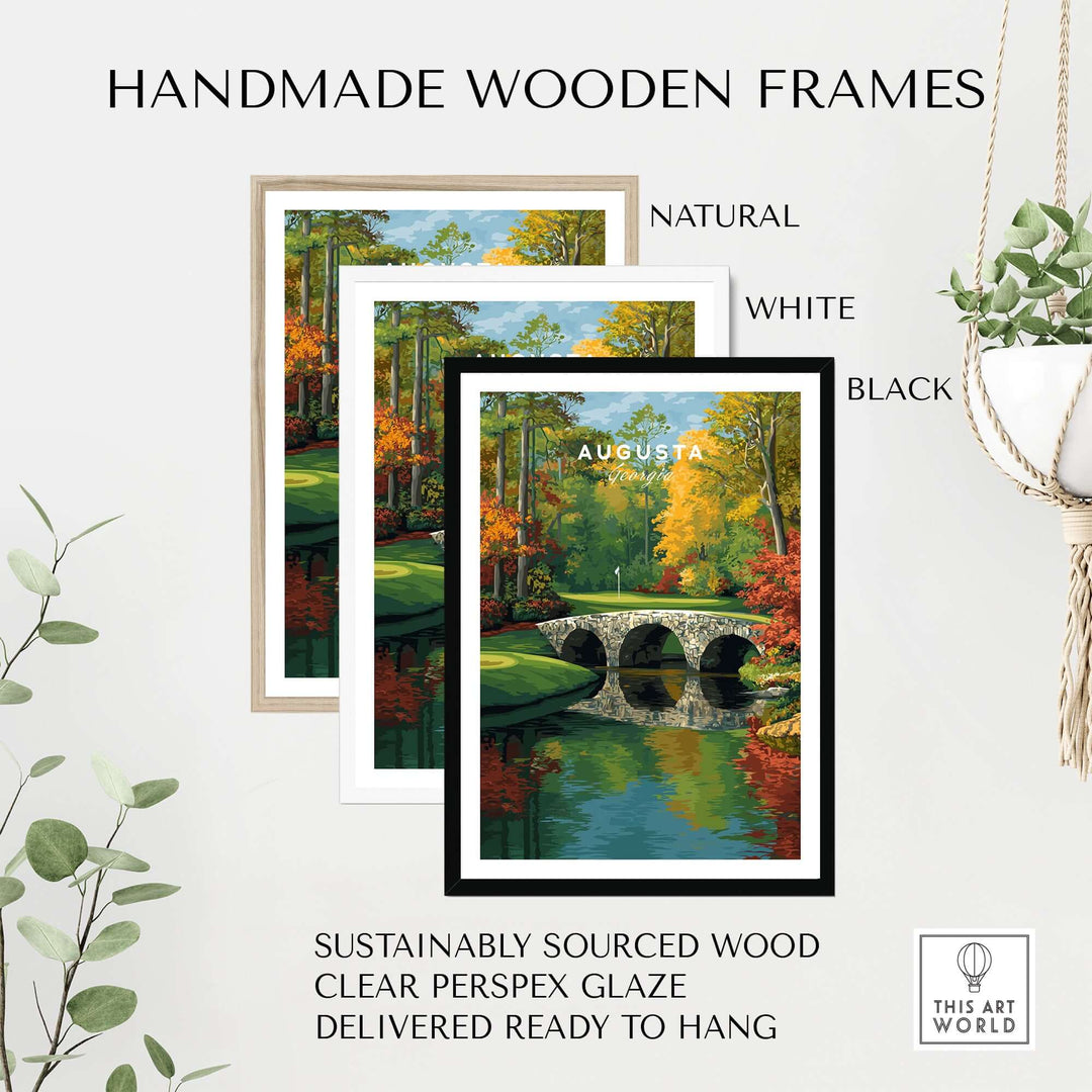 Handmade wooden frames in natural, white, and black for Augusta golf prints, sustainably sourced and ready to hang.