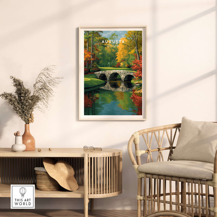 Augusta Georgia Hogan Bridge golf print on wall, showcasing serene autumn colors and reflections in water.