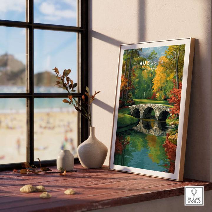 Augusta Rae's Creek golf print featuring Hogan Bridge, framed artwork displaying vibrant autumn colors.