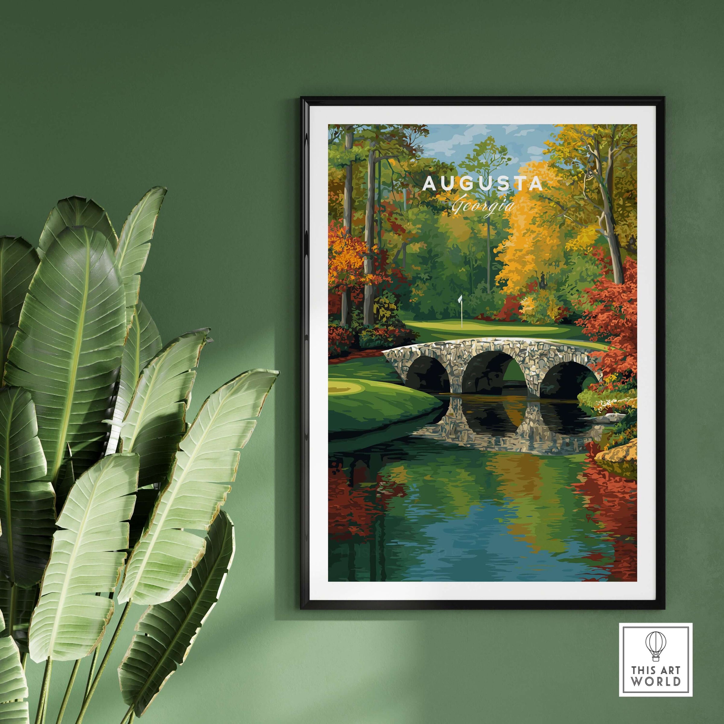 Augusta Georgia Rae's Creek Golf Print - Iconic Hogan Bridge Poster showing the scenic Hogan Bridge and vibrant greenery.