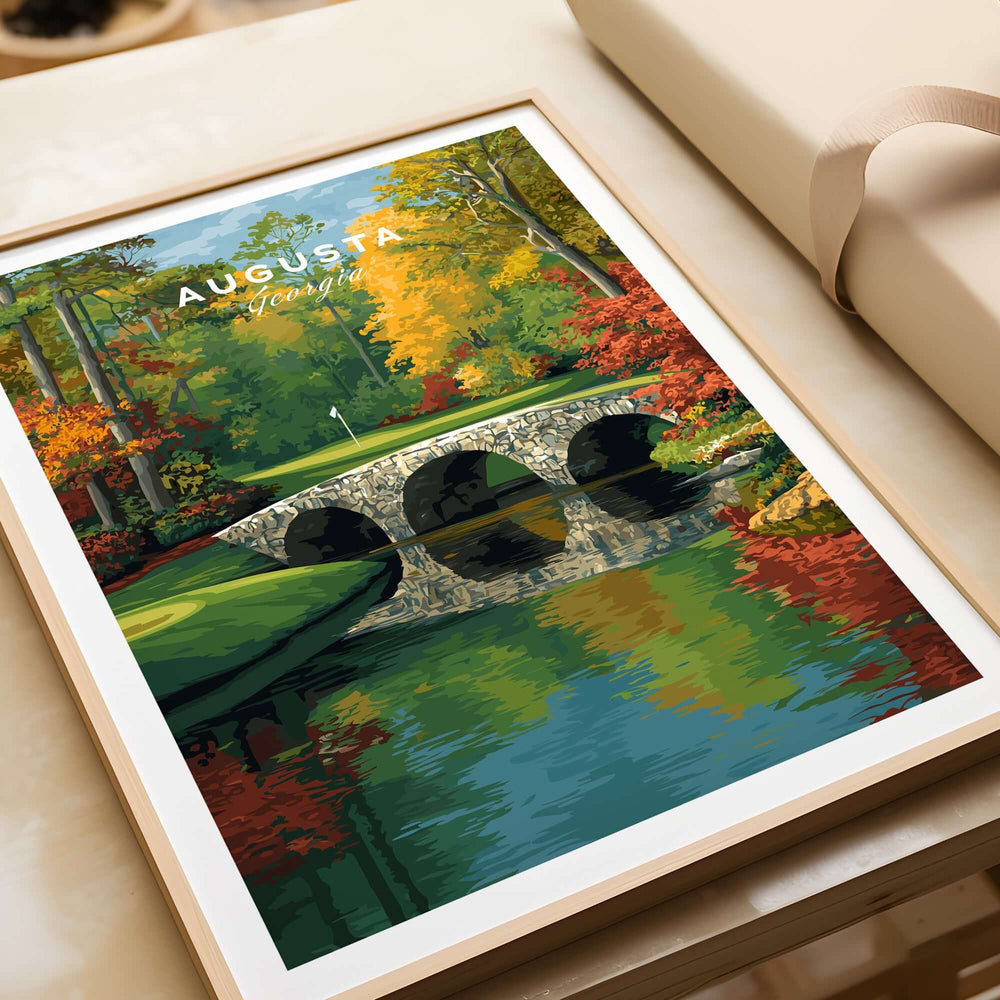 Augusta Georgia Rae's Creek Golf Print - Iconic Hogan Bridge Poster featuring Hogan Bridge and serene autumn scenery.
