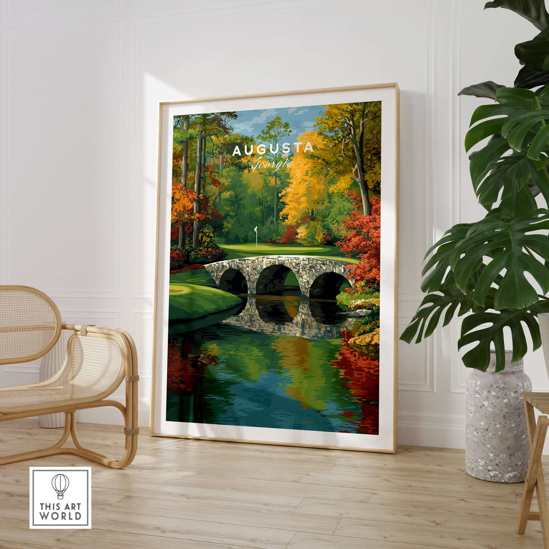 Augusta Georgia Rae's Creek Golf Print featuring iconic Hogan Bridge and vibrant autumn scenery.