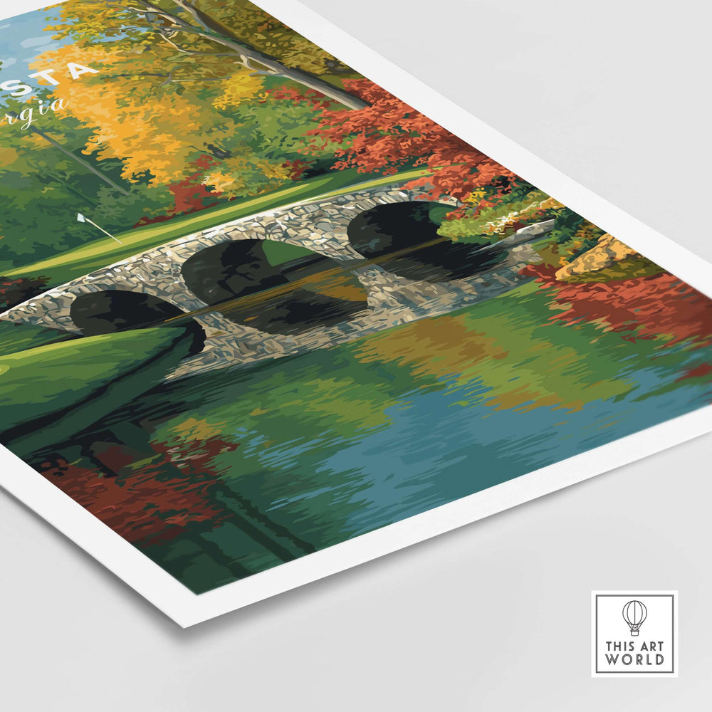 Augusta Georgia Rae's Creek golf print featuring Hogan Bridge, vibrant autumn colors and serene reflections.