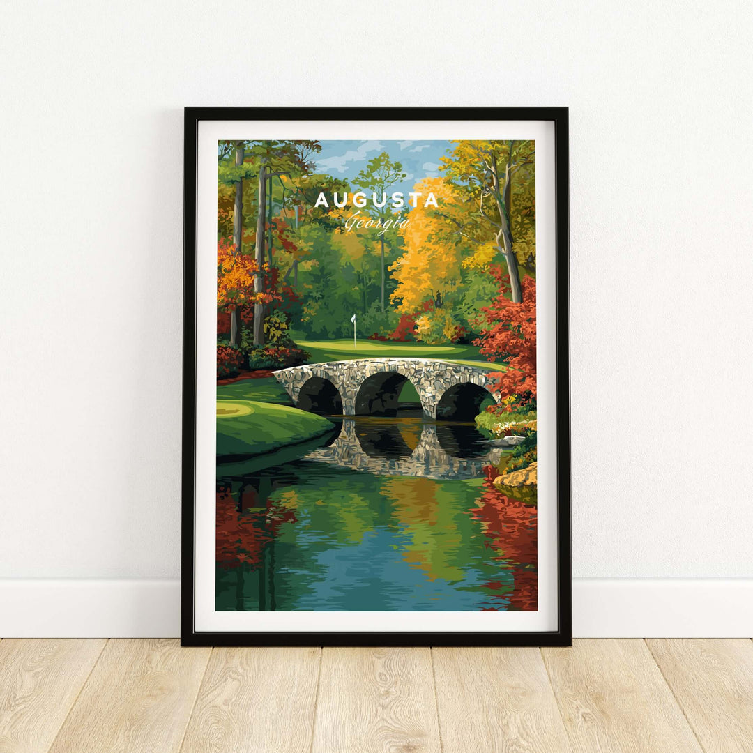Augusta Georgia Rae's Creek Golf Print featuring Hogan Bridge poster with autumn foliage and serene water reflection.