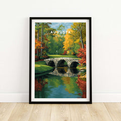 Augusta Georgia Rae's Creek Golf Print - Iconic Hogan Bridge Poster showcasing the beautiful Hogan Bridge in autumn.