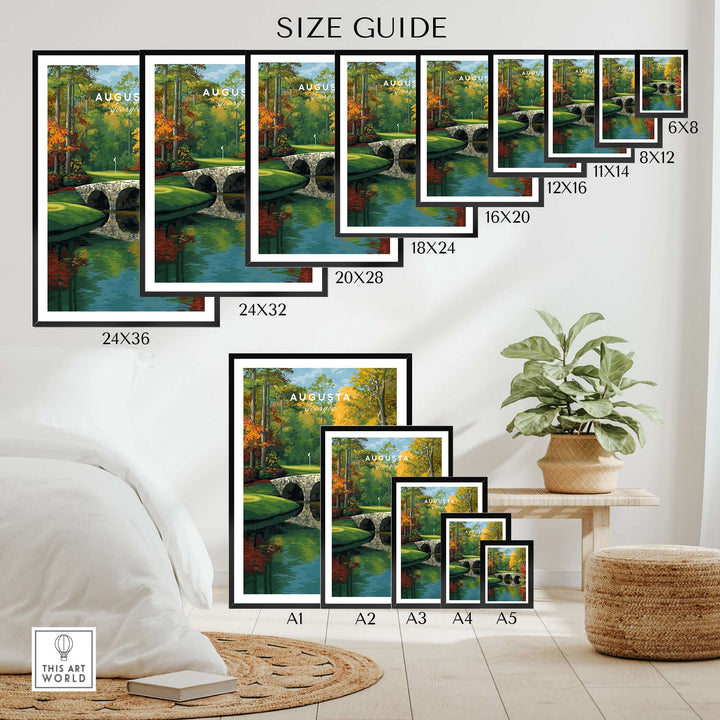 Size guide for Augusta Georgia Rae's Creek Hogan Bridge print in various dimensions displayed in stylish living room.
