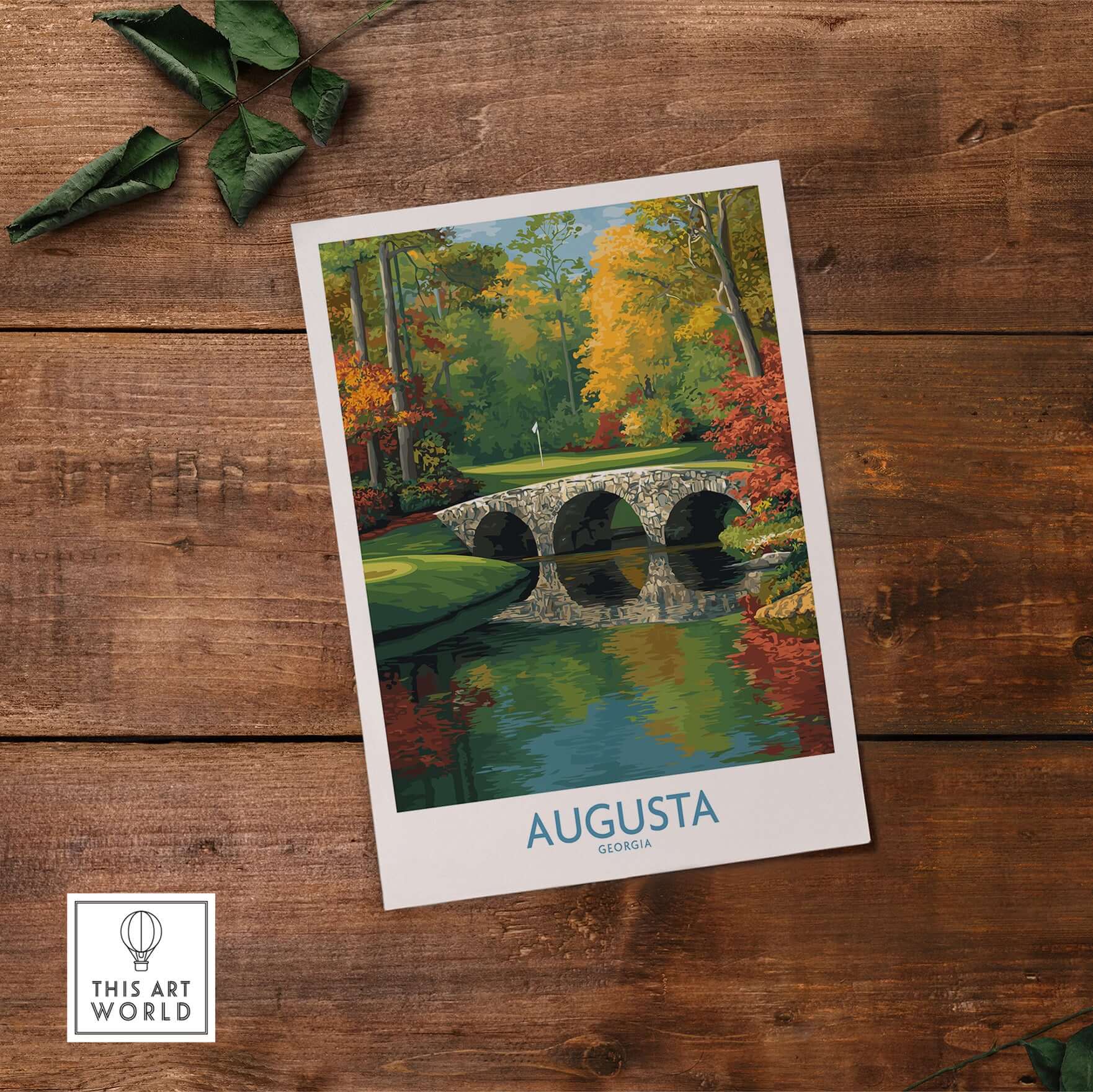 Augusta Georgia Stone Bridge Golf Print - Famous 12th Hole Golf Course Rae's Creek Bridge artwork featuring lush scenery.