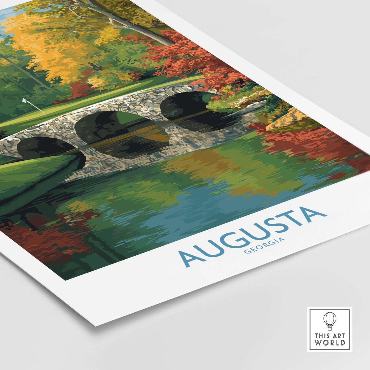 Augusta Georgia Stone Bridge Golf Print - Famous 12th Hole Golf Course Rae's Creek Bridge artwork features vibrant autumn colors.