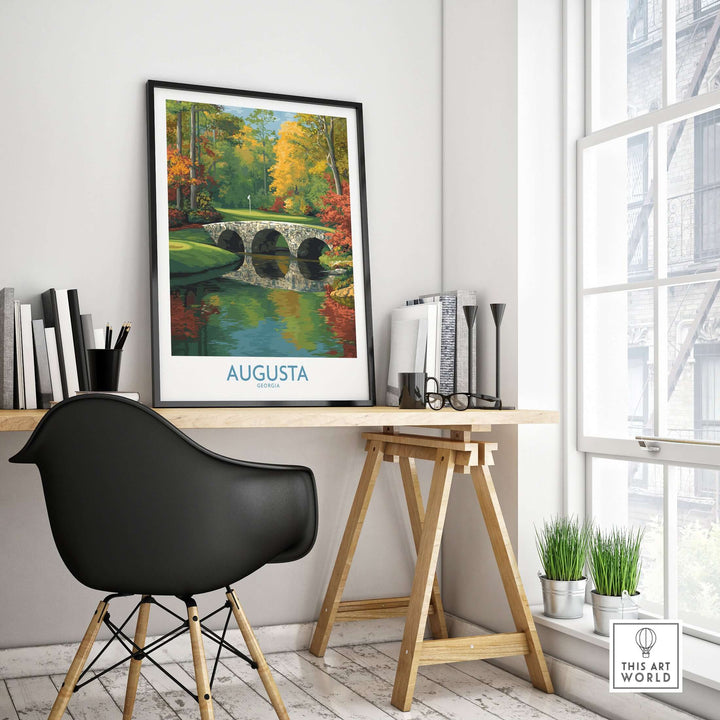 Augusta Georgia Stone Bridge Golf Print showcasing the iconic 12th hole and Rae's Creek Bridge in a stylish workspace.