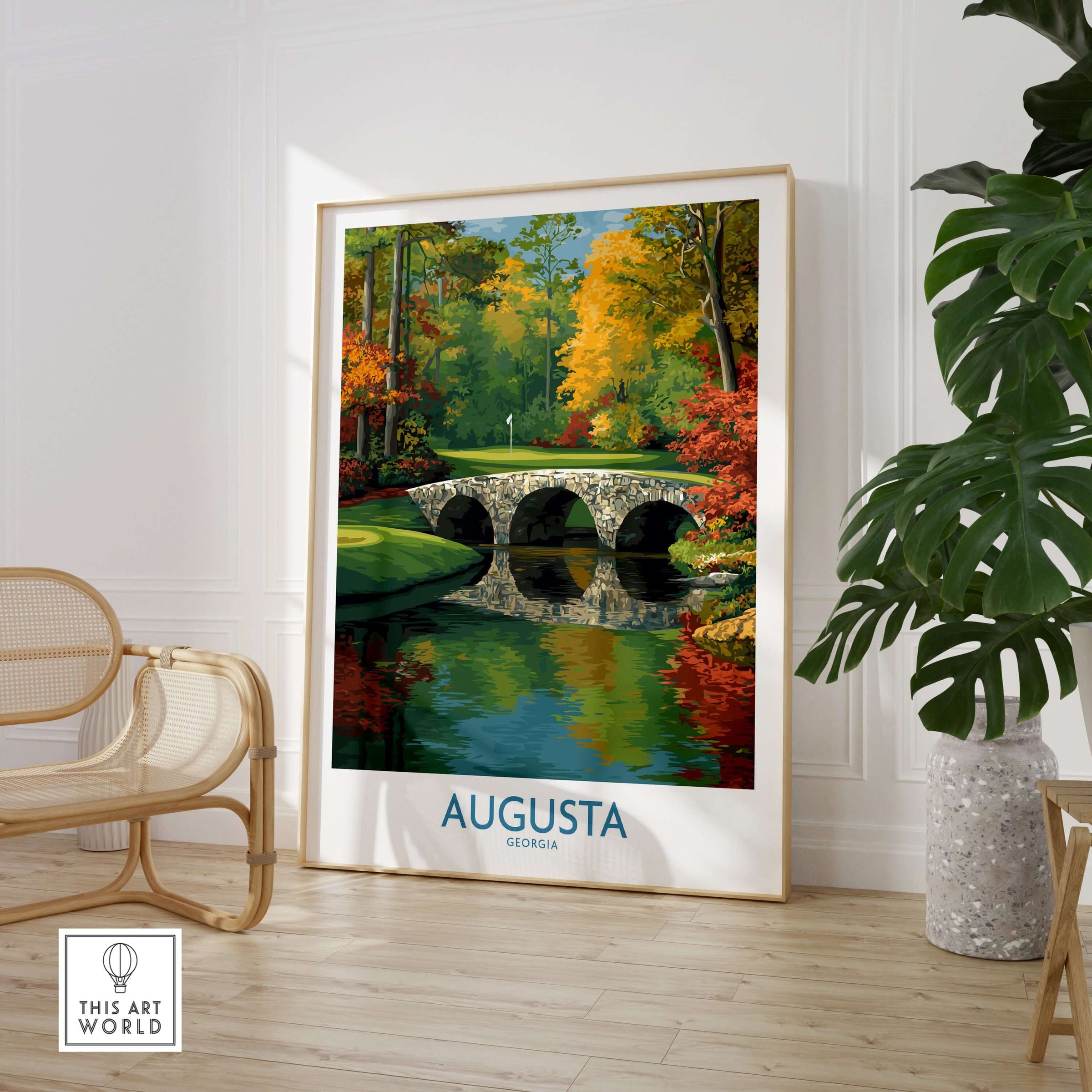 Augusta Georgia Stone Bridge Golf Print - Famous 12th Hole Golf Course Rae's Creek Bridge displayed in a modern interior setting.