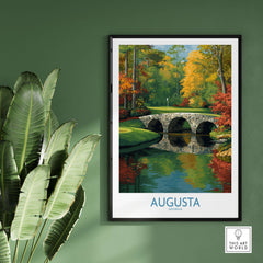 Augusta Georgia Stone Bridge Golf Print - Famous 12th Hole Golf Course Rae's Creek Bridge framed artwork on a green wall.