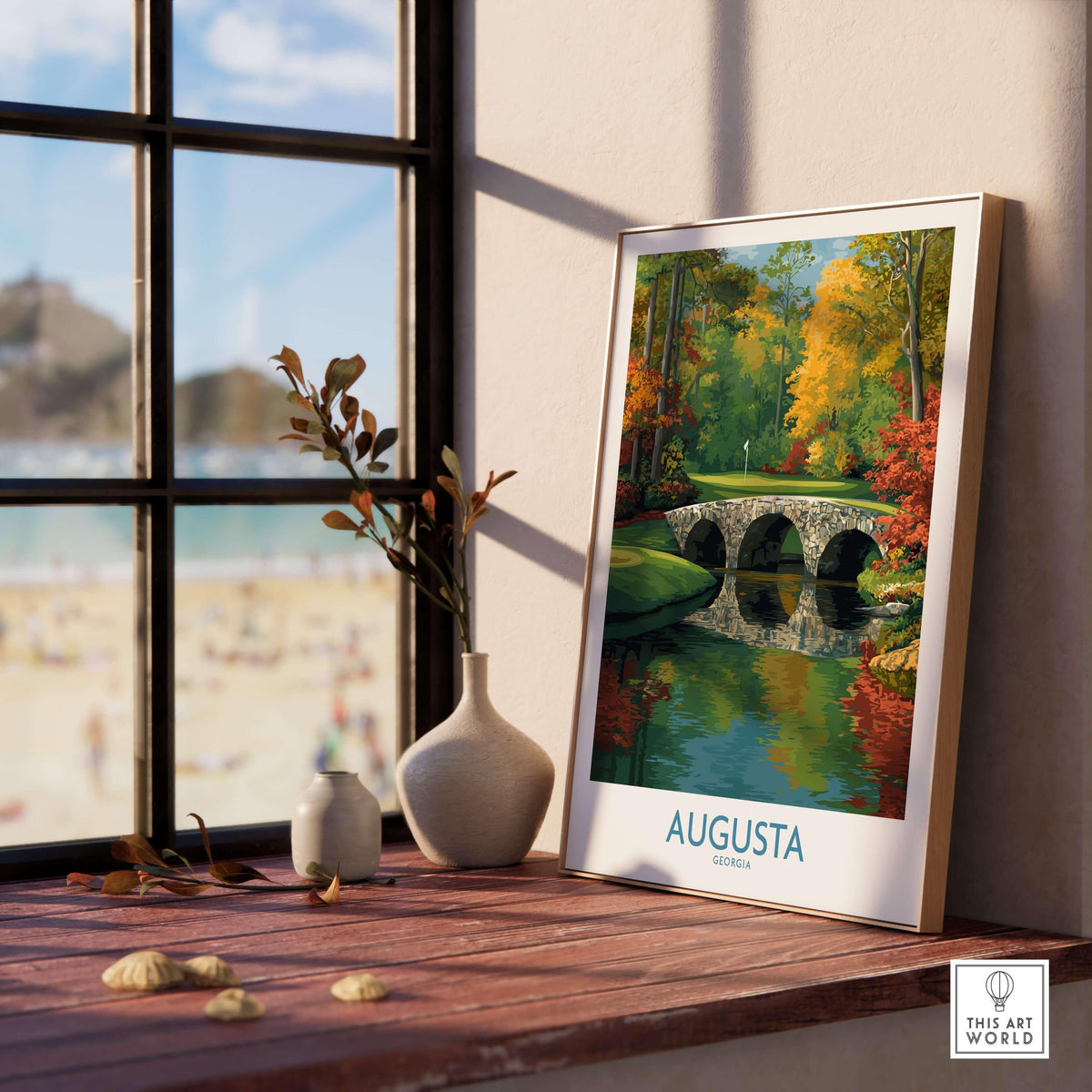 Augusta Georgia Stone Bridge Golf Print - Famous 12th Hole Golf Course Rae's Creek Bridge displayed in a cozy interior setting.