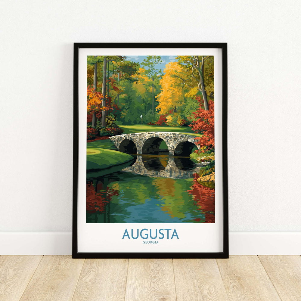 Augusta Georgia Stone Bridge print showcasing the famous 12th hole and Rae's Creek in vibrant autumn colors.