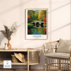 Augusta Georgia Stone Bridge Golf Print - Famous 12th Hole Golf Course Rae's Creek Bridge in a stylish living room setting.