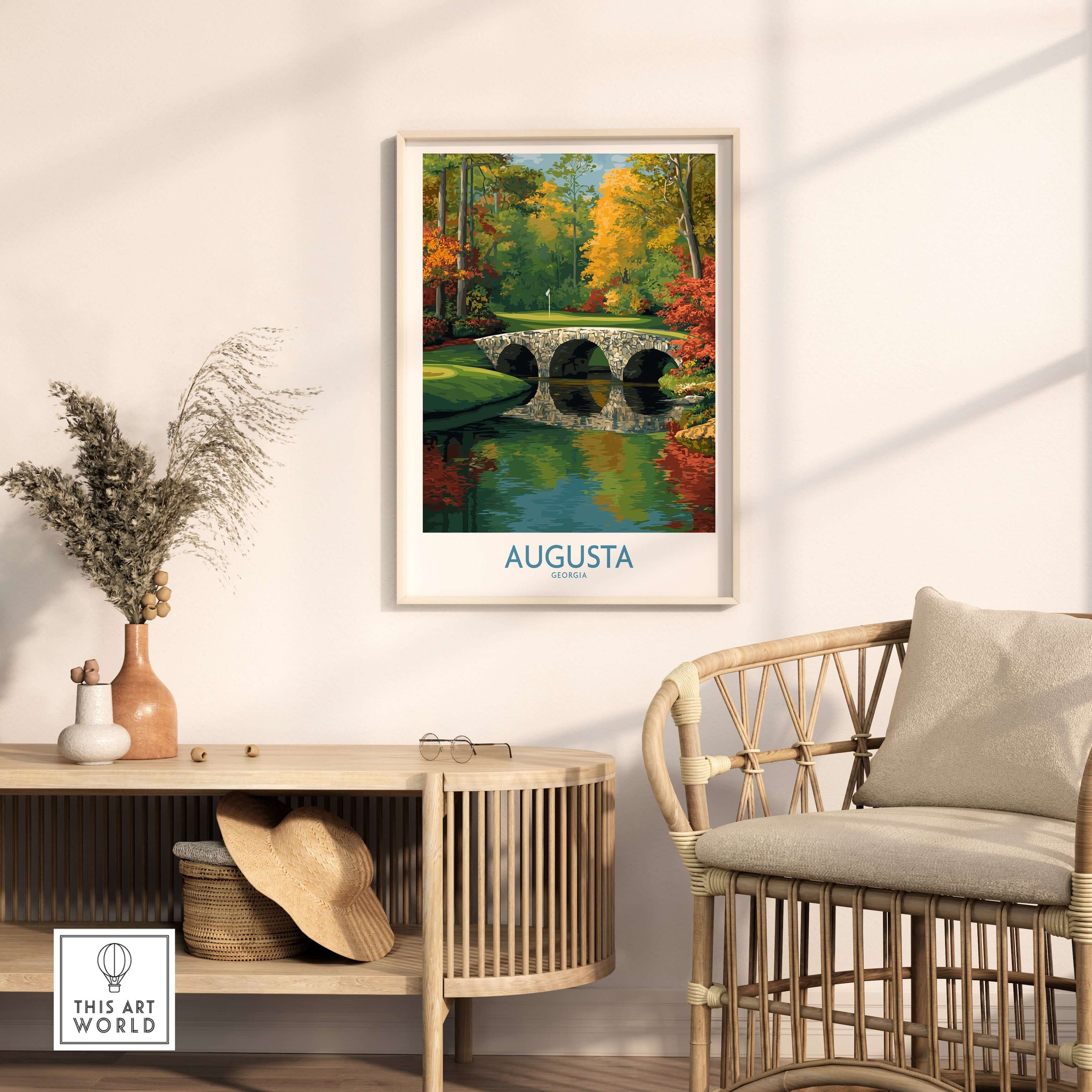 Augusta Georgia Stone Bridge Golf Print - Famous 12th Hole Golf Course Rae's Creek Bridge in a stylish living room setting.