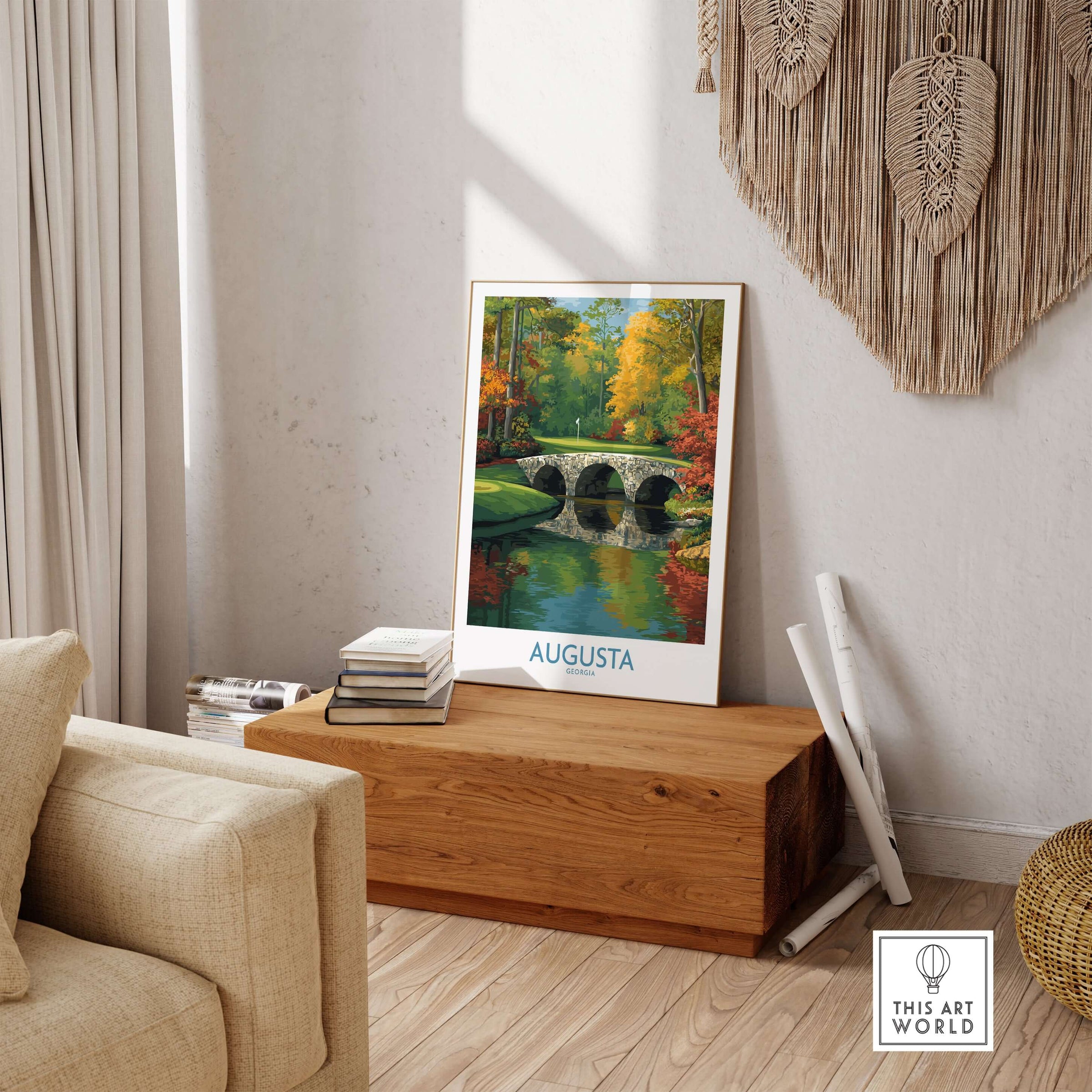 Augusta Georgia Stone Bridge Golf Print - Famous 12th Hole Golf Course Rae's Creek Bridge displayed in a stylish living room.