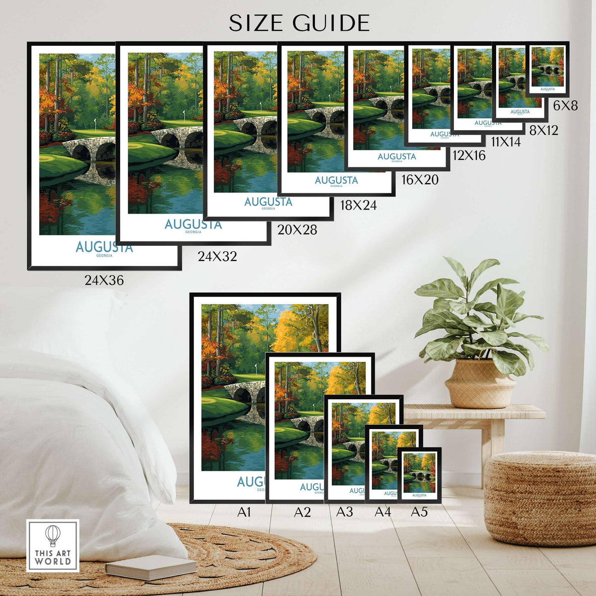 Augusta Georgia Stone Bridge Golf Print - Famous 12th Hole Golf Course Rae's Creek Bridge size guide for various frame styles.